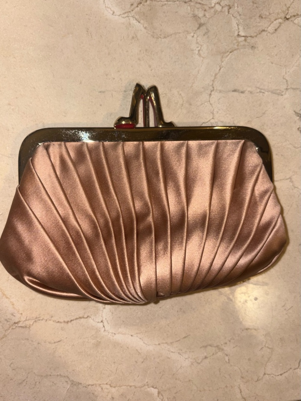 Christian Louboutin Satin Pleated Clutch in Rose Gold Metallic